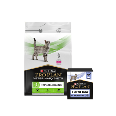 PRO PLAN Veterinary Diets HA St/Ox Hypoallergenic Croquettes pour chat 3.5kg + PRO PLAN FortiFlora Supplément probiotique pour chats 30x1g